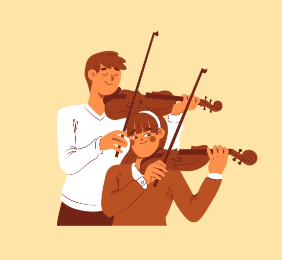 Ilustração de pai e criança tocando violino juntos