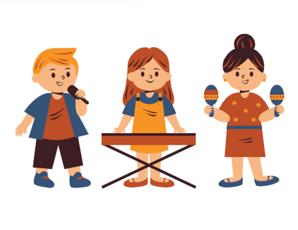 Ilustração de três crianças tocando microfone, teclado e chocalhos
